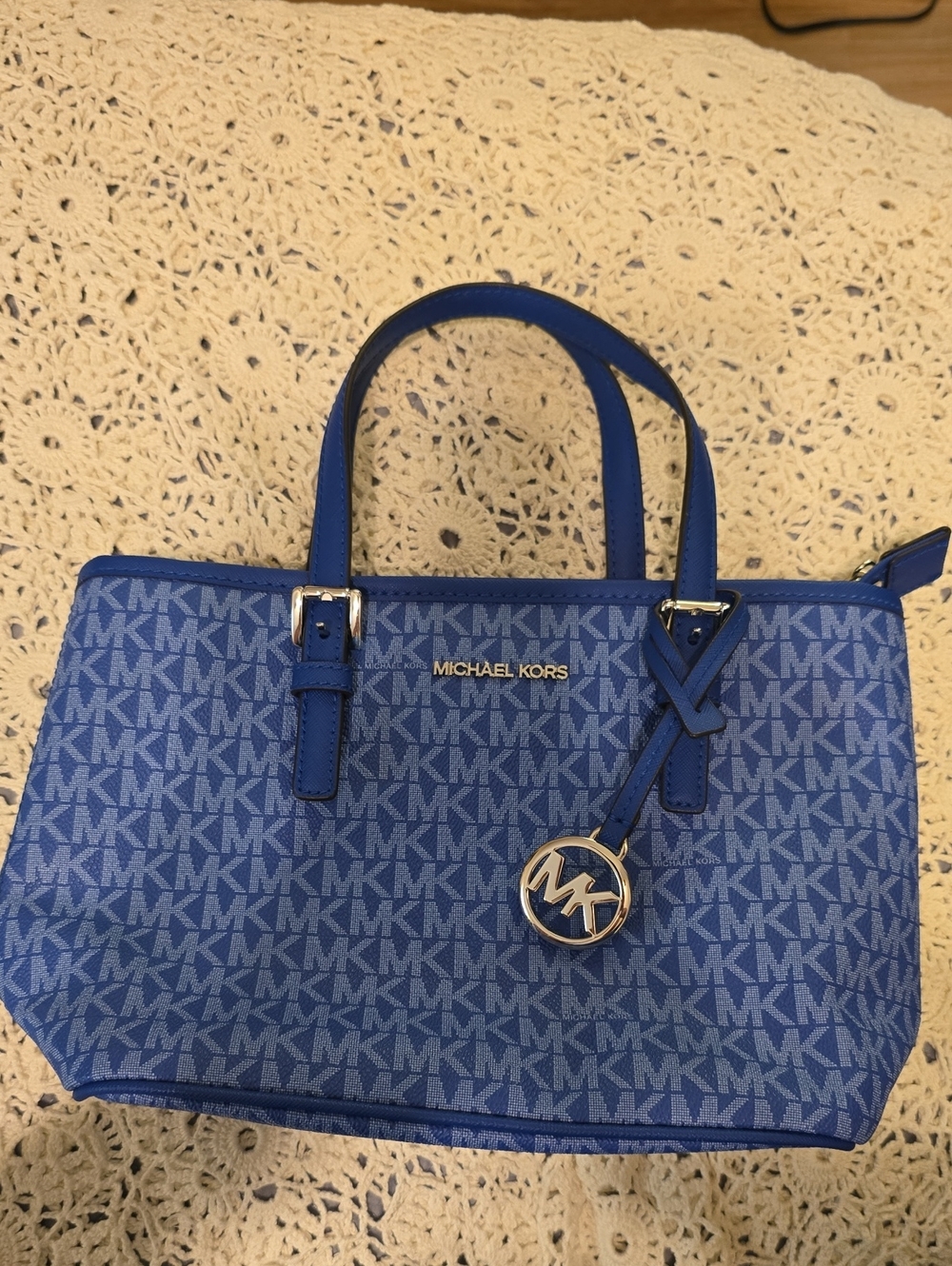 Michael Kors Blue Signature Satchel with Logo Charm